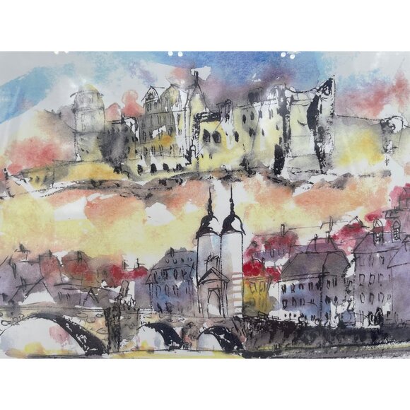 Signed Watercolor Print Cityscape Blue Frame - Picture 3 of 7